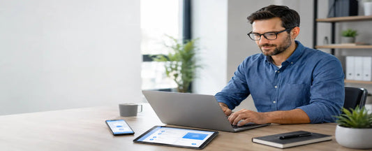 Everyday cloud security awareness training with a user securely accessing cloud services on connected workplace devices.