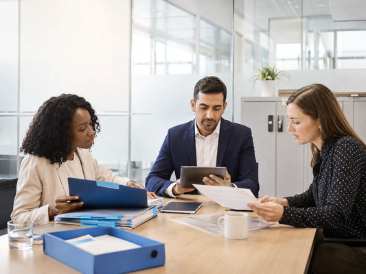 Professionals reviewing confidential records and GDPR compliance documents during a workplace data protection meeting.