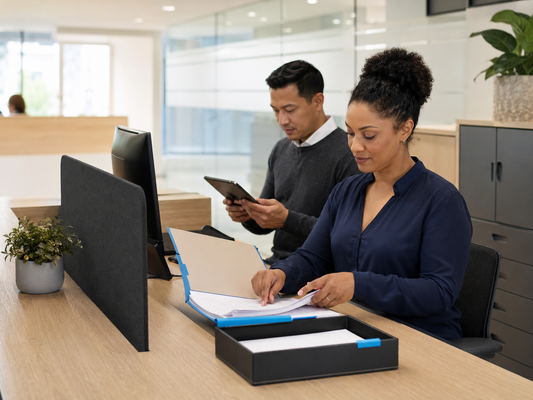 UK office data protection training workspace with personal records, governance documents and secure data-handling controls