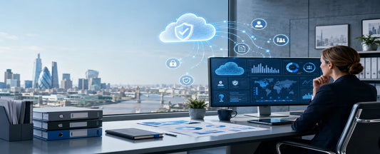 UK GDPR and cloud security environment showing protected personal data, secure cloud infrastructure, privacy controls and compliance governance