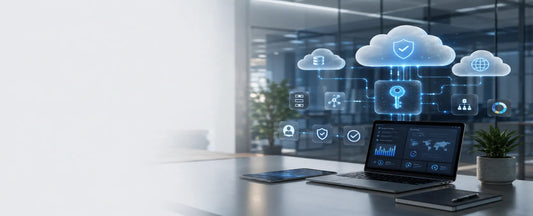 Cloud data protection and encryption environment showing secure cloud infrastructure, encrypted information, key management and access controls