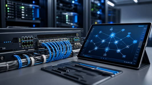Modern network switch and patch cables with a network topology diagram on tablet in a UK IT data centre environment