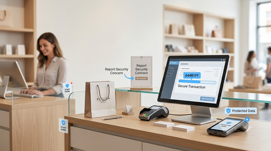 Retail cybersecurity training workspace with secure digital systems and staff incident-reporting controls