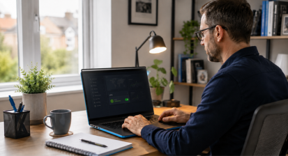 UK remote worker in a secure home office using a laptop with privacy screen filter and VPN for cybersecurity compliance