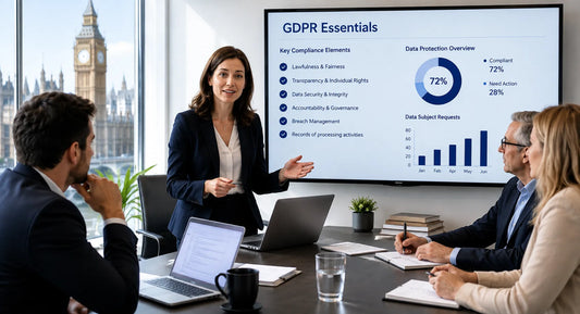 UK business owner reviewing GDPR essentials compliance documentation in a professional small business office.