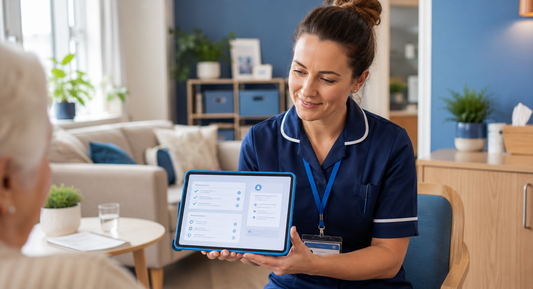UK social care worker reviewing GDPR and data security guidance on a tablet in a warm community health care setting