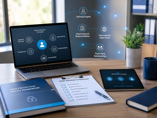 GDPR and data security training workspace showing privacy policies, risk review, individual rights, secure data sharing and compliance controls.