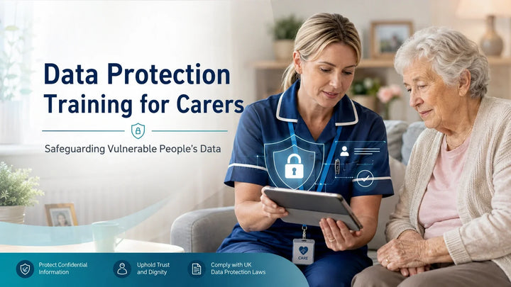 Carer securely reviewing digital care records with an elderly person, highlighting data protection, confidentiality and safeguarding under UK GD