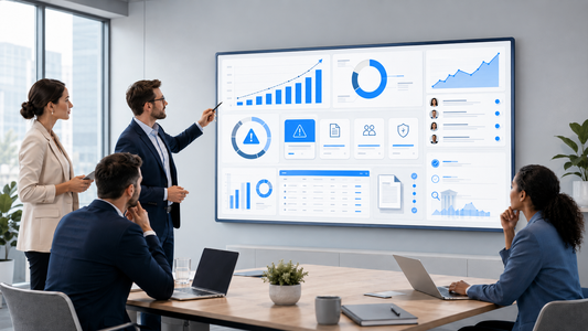 UK business team reviewing GDPR non-compliance risks and data protection fines on a compliance dashboard