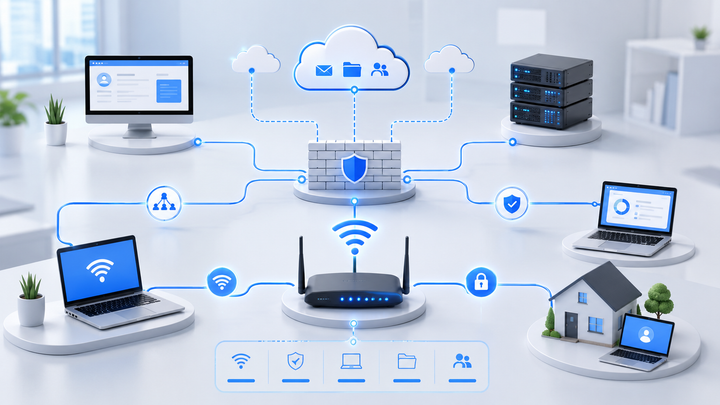 Computer networking and digital security basics shown through office Wi-Fi devices router firewall and cloud connections