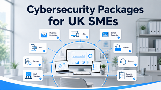 Cybersecurity packages for UK SMEs featuring phishing protection, MFA, email security, firewalls, backups, staff training and support.