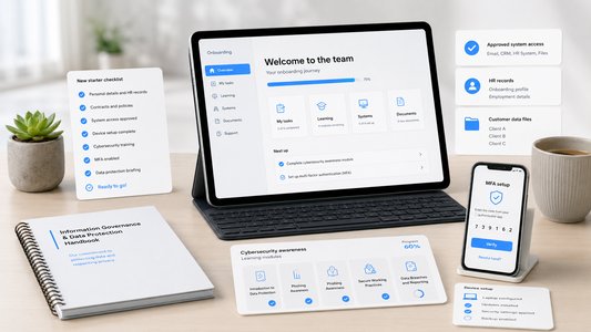 Data protection and cybersecurity induction for new employees shown through onboarding checklists and secure system access