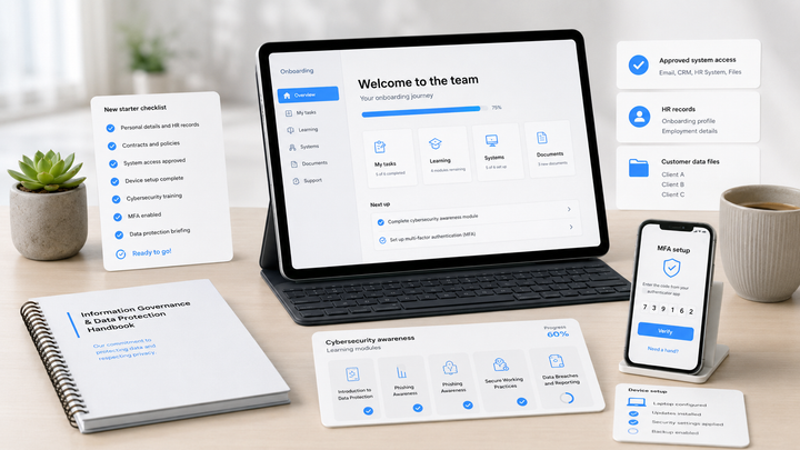 Data protection and cybersecurity induction for new employees shown through onboarding checklists and secure system access