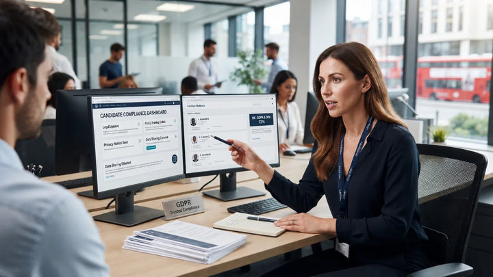 GDPR compliance consultant reviewing a candidate compliance dashboard with a colleague in a modern recruitment office.