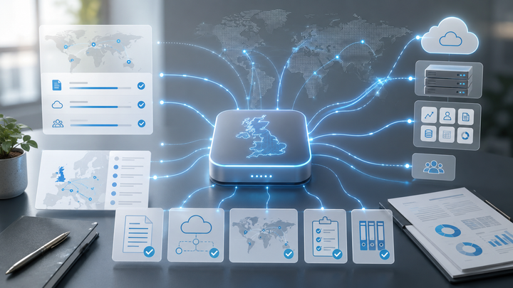 International data transfers under UK GDPR shown through cloud data flows and compliance documents