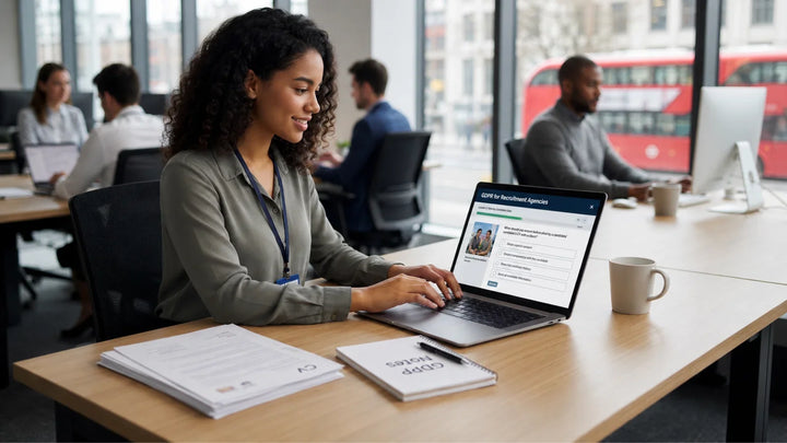 Recruitment consultant completing GDPR training on candidate data handling in a modern UK office.