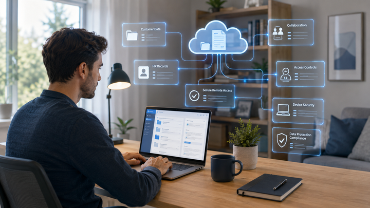 Remote workforce data protection under UK GDPR shown through secure cloud access and connected work devices