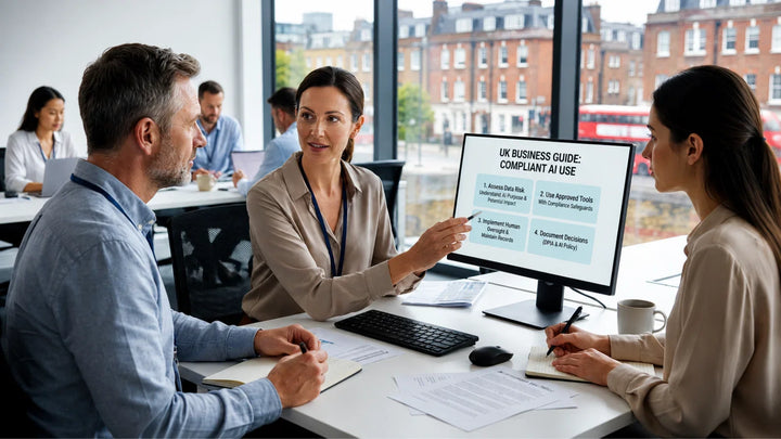 UK business team reviewing compliant AI use, data risk, human oversight and GDPR documentation.
