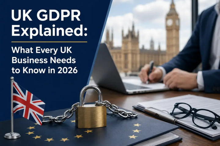 UK GDPR explained for UK businesses in 2026, with compliance documents, padlock and London office backdrop