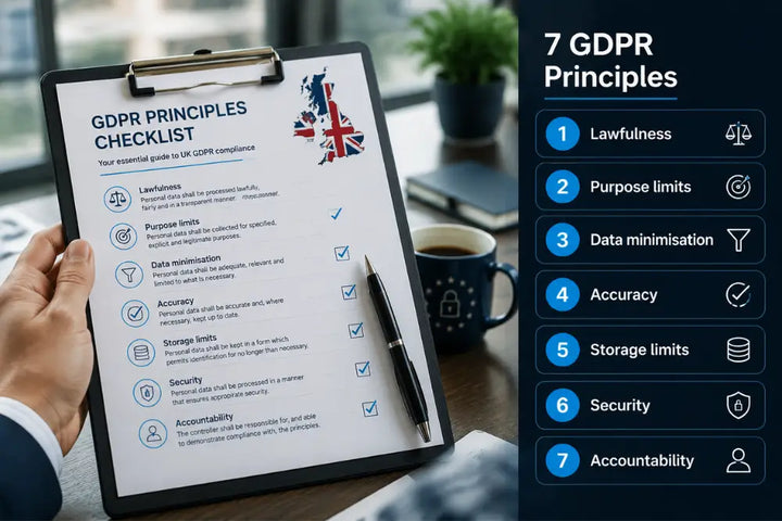 7 data protection principles checklist for UK businesses with GDPR compliance icons and clipboard