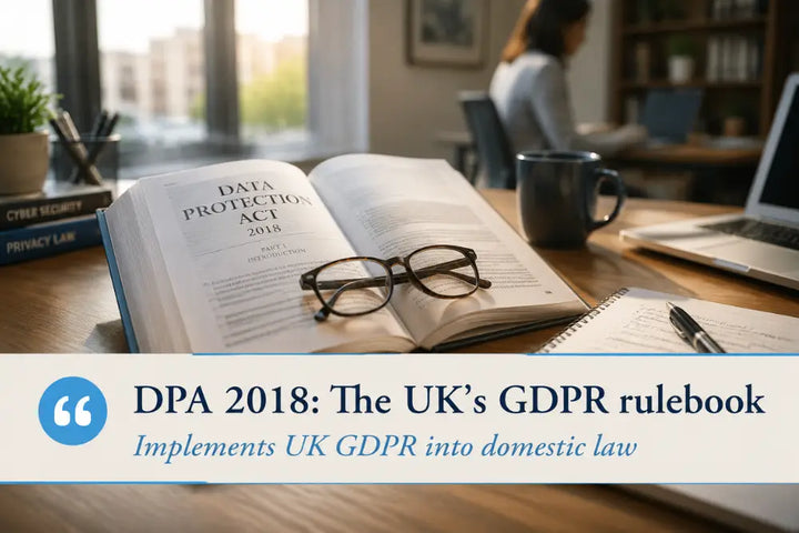 Plain-English Data Protection Act 2018 guide for UK organisations with open legal book and office workspace