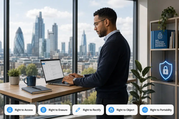 Data subject rights under UK GDPR for UK businesses with rights icons and London office workspace