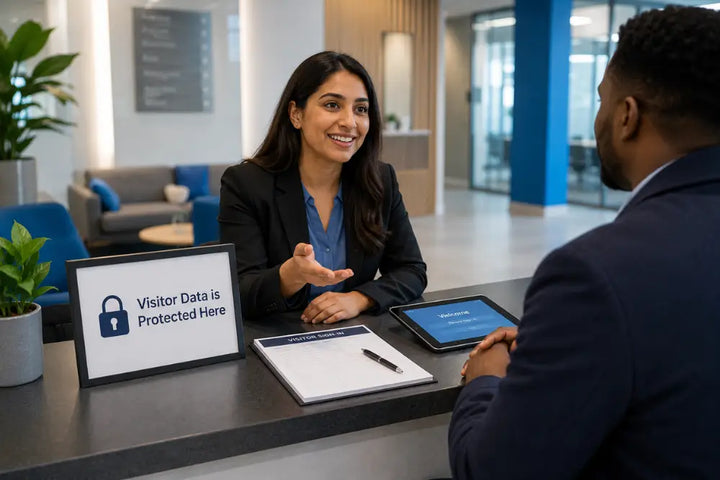 Data protection training for receptionists with visitor sign-in materials and front desk privacy notice