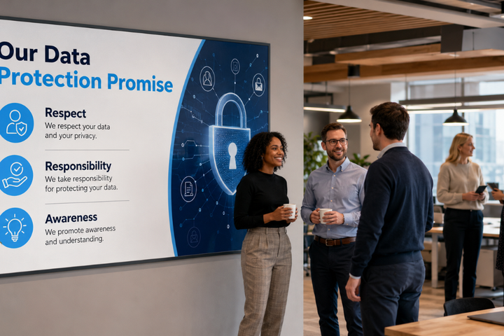 UK team discussing how to handle customer data safely beside a data protection promise display