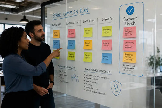 GDPR for marketing teams handling customer data with consent checks on a campaign planning board