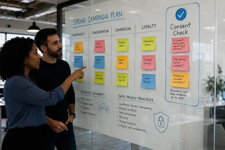 GDPR for marketing teams handling customer data with consent checks on a campaign planning board