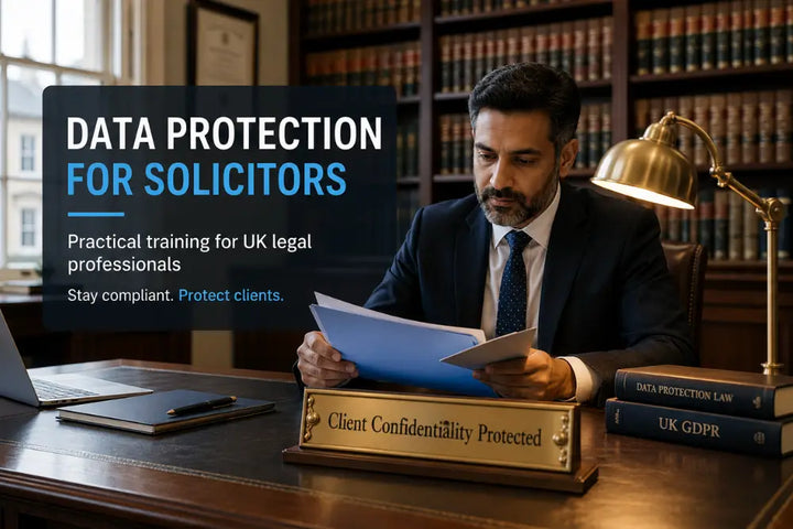 Data protection for law firms with solicitor reviewing confidential client documents in a UK legal office