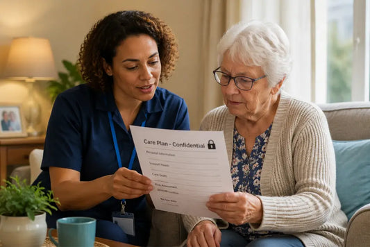 GDPR in health and social care with care worker reviewing confidential care plan with service user