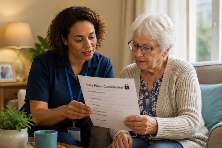 GDPR in health and social care with care worker reviewing confidential care plan with service user