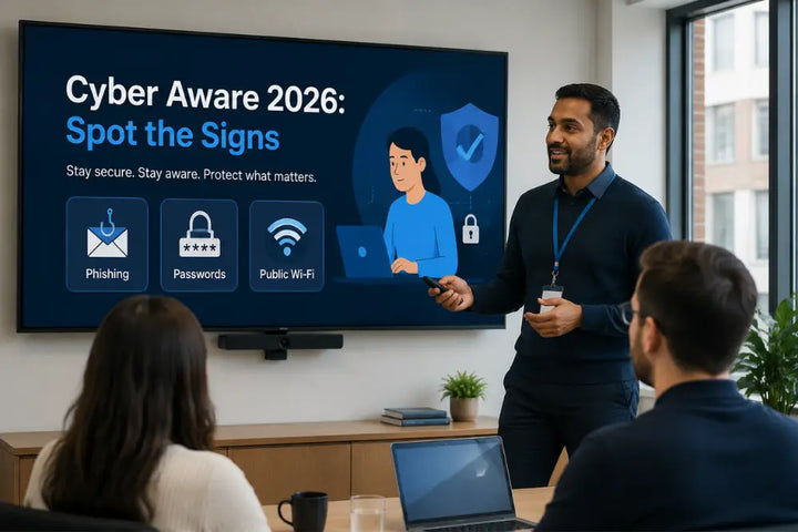 Cybersecurity awareness training for UK employees covering phishing, passwords and public Wi-Fi risks