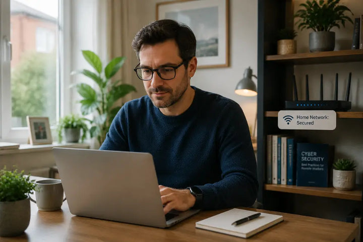 Cybersecurity for remote workers with secure home network setup and professional home office workspace