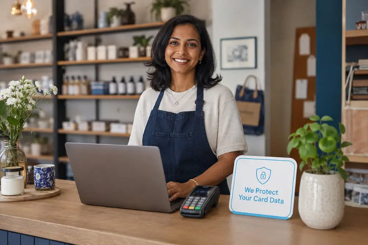 Cybersecurity for small businesses with shop owner using secure payment systems and customer data protection practices