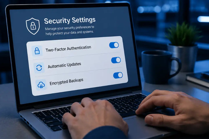 Data breach prevention measures for UK businesses including two-factor authentication, automatic updates and encrypted backups