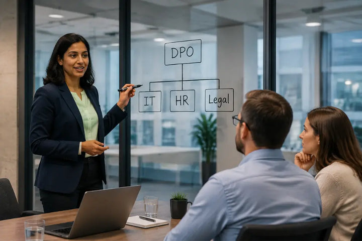 Data Protection Officer explaining data governance responsibilities to IT, HR and legal teams in a UK organisation