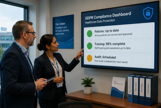 GDPR audit readiness in healthcare with compliance dashboard, staff training records and data protection review