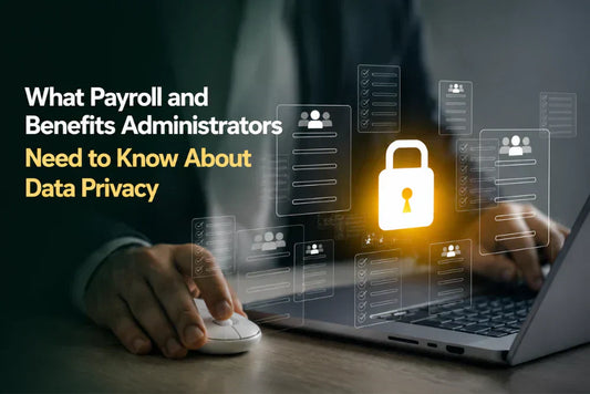 Payroll and benefits administrator managing employee data privacy with secure digital HR records and compliance controls.