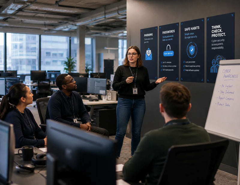Team attending cyber security awareness training in a modern office with phishing, password, and safe data handling guidance.