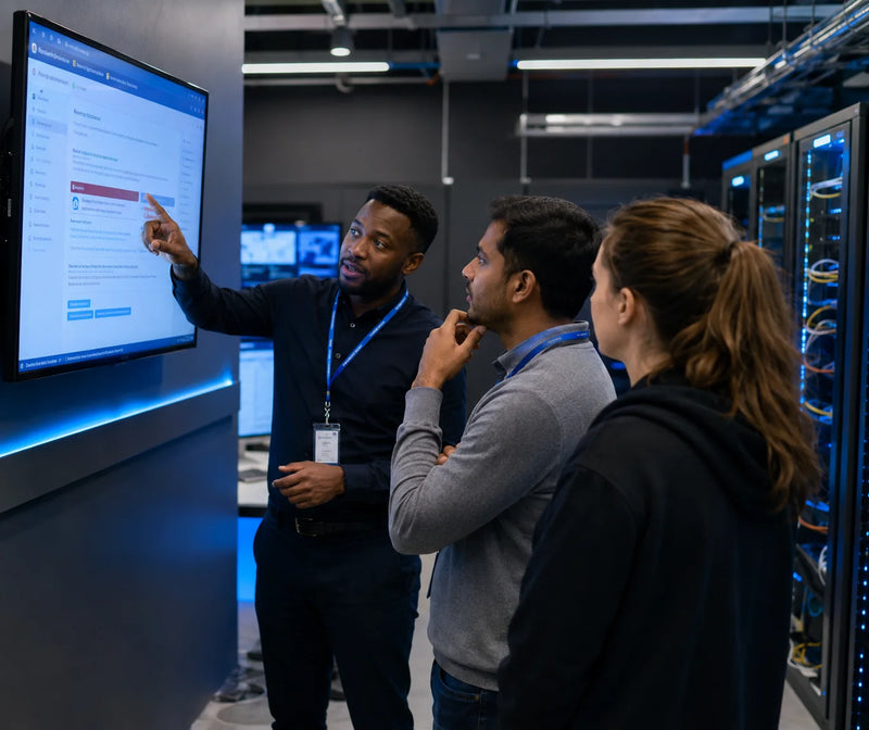  IT security team reviewing a cyber incident response screen in a technical workplace environment for data breach response training.