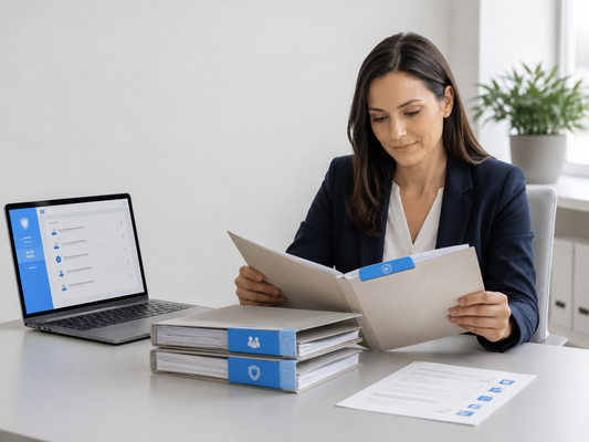 Professional paralegal reviewing legal files at a desk with organised binders and a secure digital filing system dashboard, representing GDPR-compliant filing systems for legal work.
