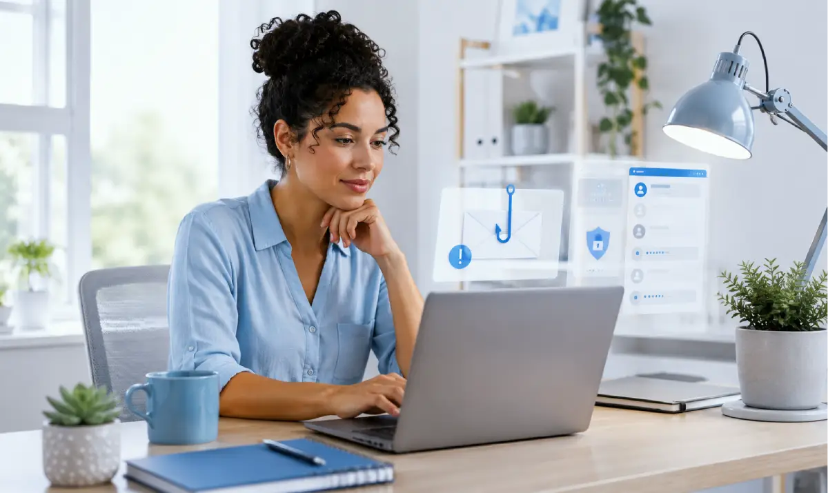 Cybersecurity awareness training desk with phishing and password safety visuals
