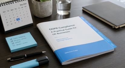 Professional UK business GDPR compliance toolkit flat-lay with guide, pen, and highlighter on a clean office desk