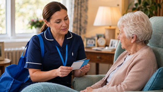 UK carer reviewing a service user data protection briefing card in a warm residential care setting