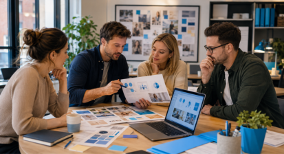 UK marketing team discussing GDPR-compliant campaign planning in a bright modern creative agency workspace
