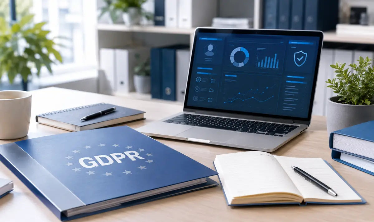 UK GDPR and data protection training desk with privacy compliance documents