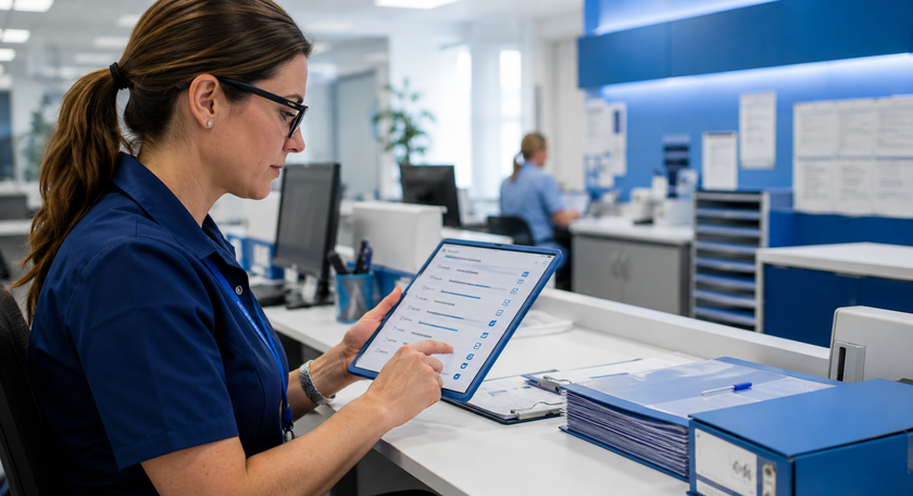 UK healthcare compliance officer reviewing a GDPR audit readiness checklist in an NHS administrative setting