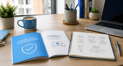 Welcoming desk setup with cybersecurity course guide and notepad for UK beginners in a home study environment